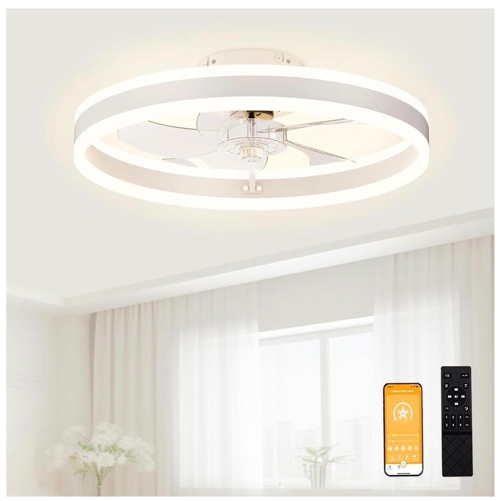 VOLISUN 19.7in Low Profile Ceiling Fan with Light Remote App Control White LED